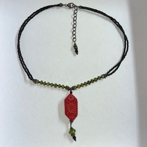 Vintage handmade Cinnabar peridot sterling silver & black bead necklace
